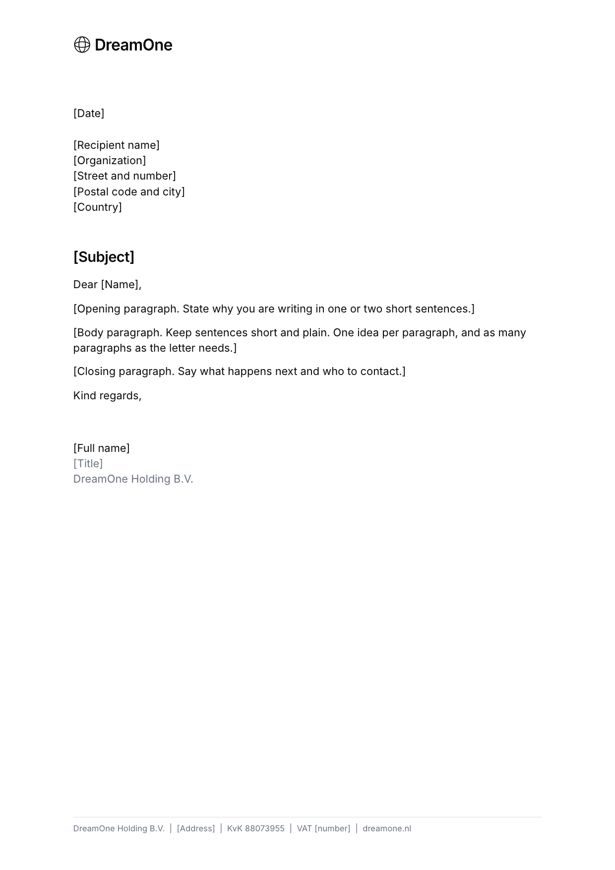 DreamOne letterhead, A4