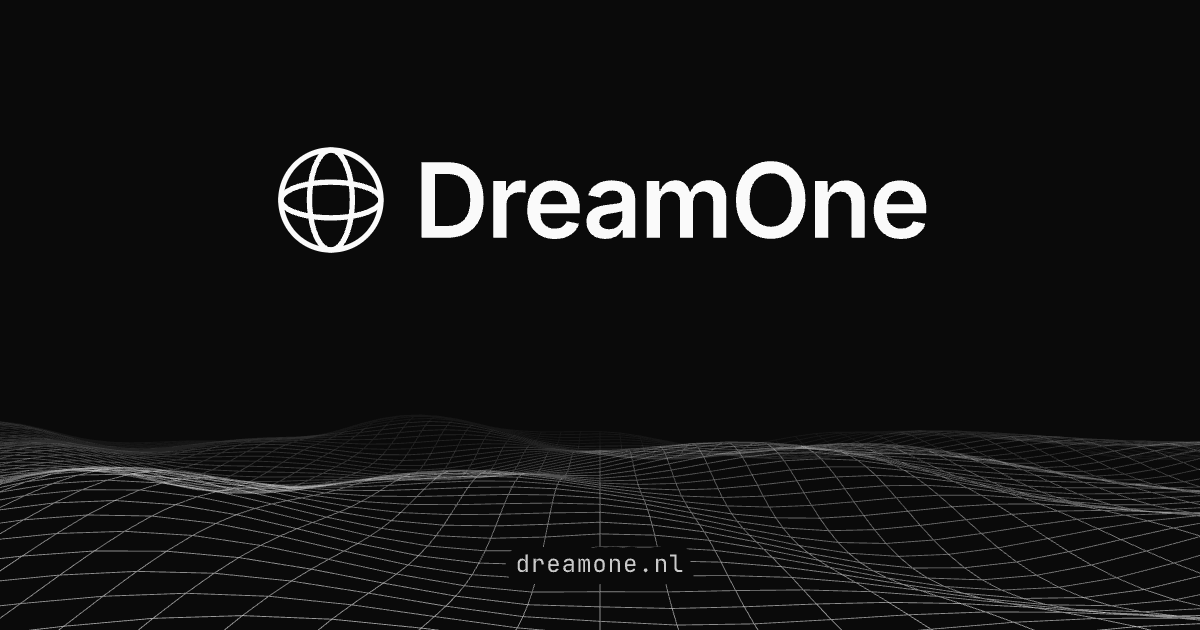 DreamOne social card: the horizontal logo above a wireframe dune landscape