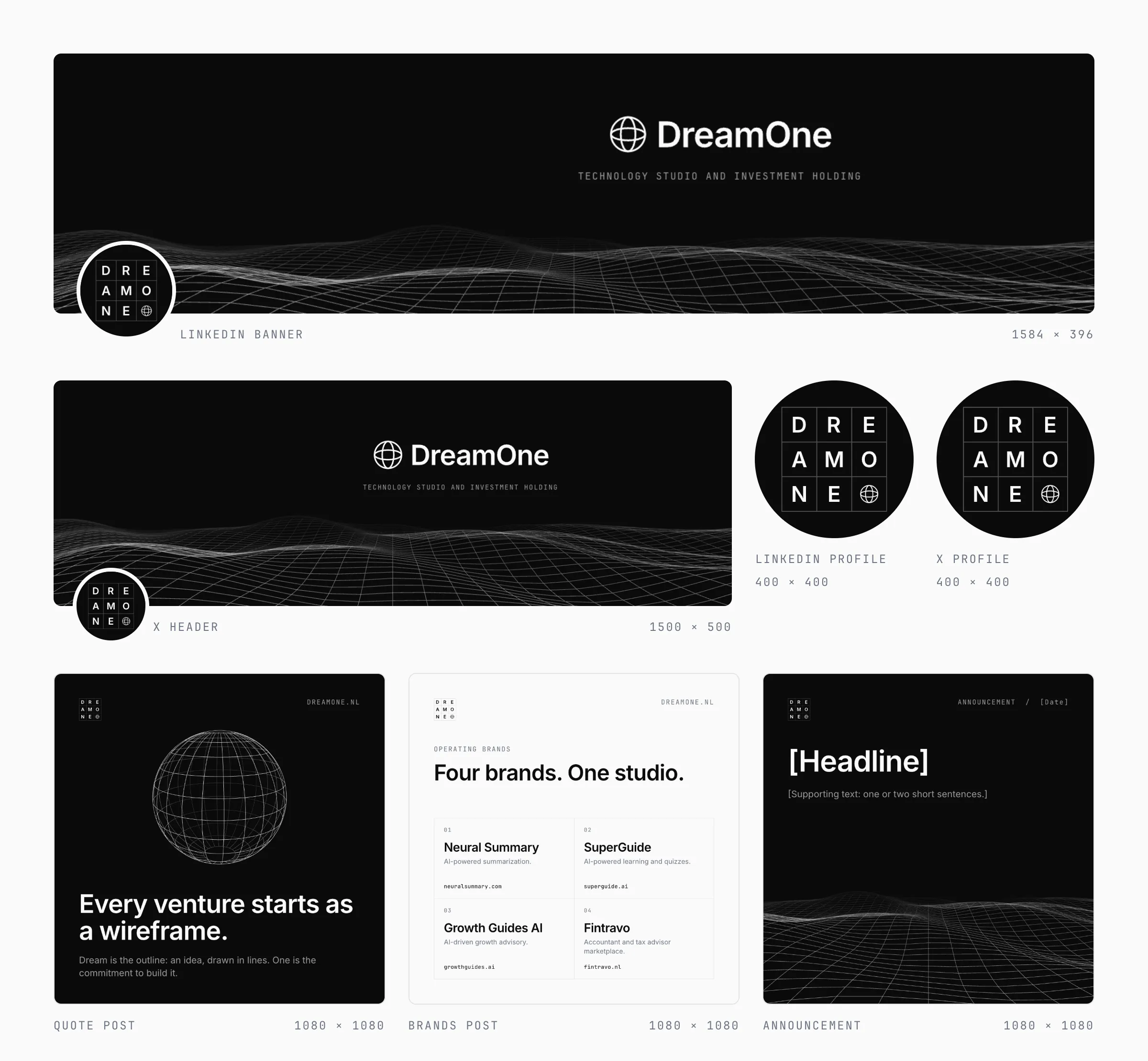 DreamOne social kit: LinkedIn and X covers, profile pictures and three post examples